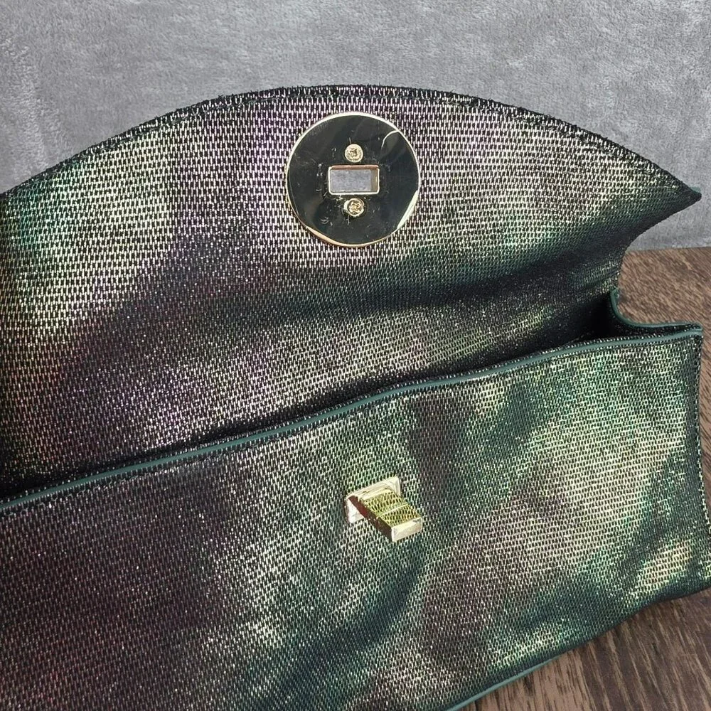 Tory Burch Austin Flap Clutch Bag Green Purple Iridescent Metallic Galaxy Cyber